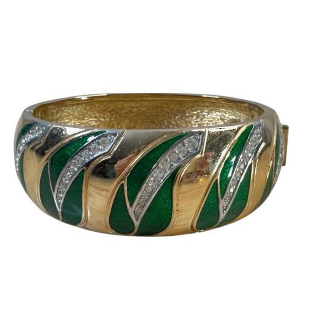 Christian Dior Bracelet Gold Tone Clear Rhinestone‎ Green Enamel Sz 6.5